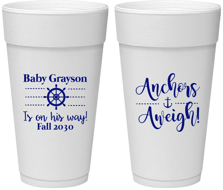 Personalized Baby Shower 24 oz Foam Cups - Nautical Anchors Aweigh | 90054