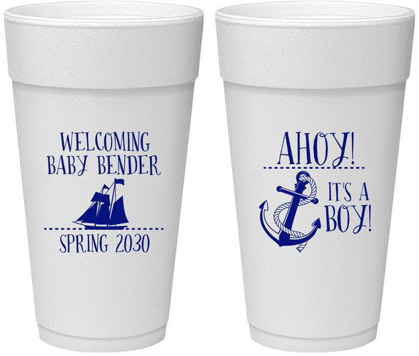 Personalized Baby Shower 24 oz Foam Cups - Nautical Ahoy It’s A Boy | 90055
