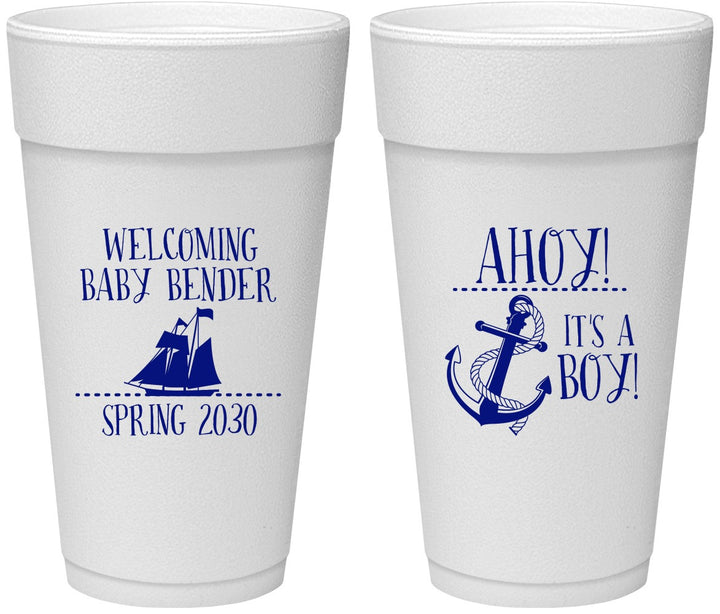 Personalized Baby Shower 24 oz Foam Cups - Nautical Ahoy It’s A Boy | 90055