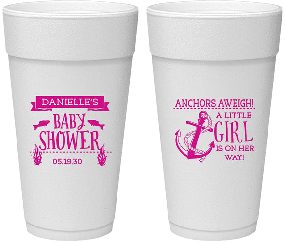 Personalized Baby Shower 24 oz Foam Cups - Anchors Aweigh Little Girl | 90056