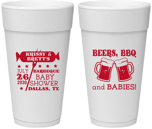 Personalized Baby Shower 24 oz Foam Cups - Beers Bbq Babies | 90060