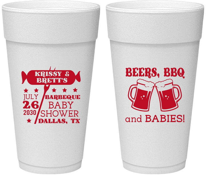 Personalized Baby Shower 24 oz Foam Cups - Beers Bbq Babies | 90060