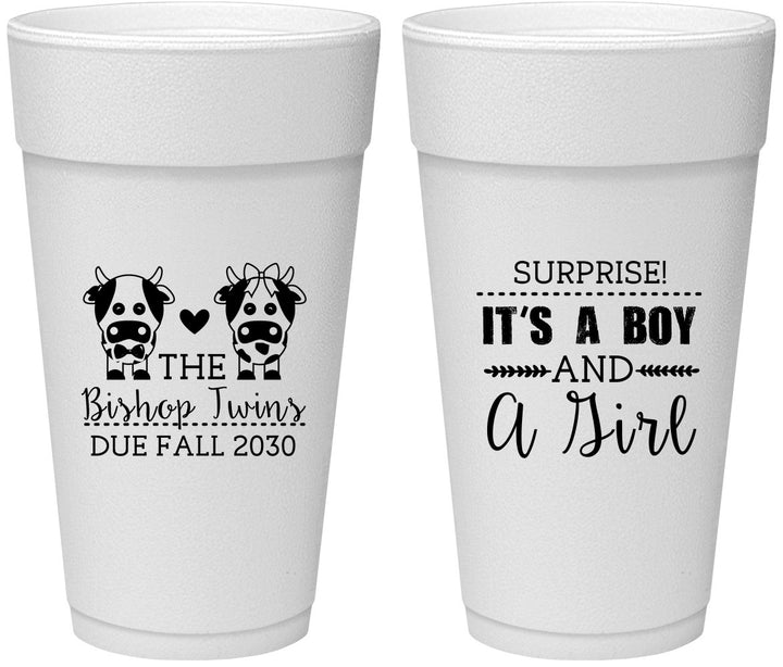 Personalized Baby Shower 24 oz Foam Cups - Twins Baby Cows | 90067