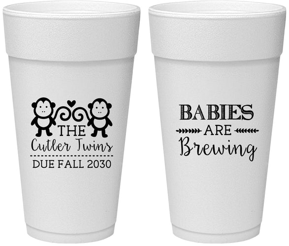 Personalized Baby Shower 24 oz Foam Cups - Twins Baby Monkeys | 90068