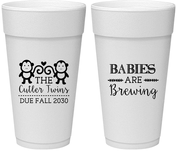Personalized Baby Shower 24 oz Foam Cups - Twins Baby Monkeys | 90068
