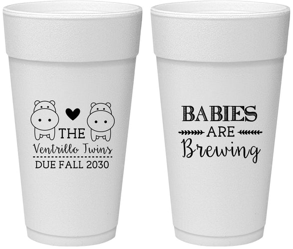 Personalized Baby Shower 24 oz Foam Cups - Twins Baby Hippos | 90069