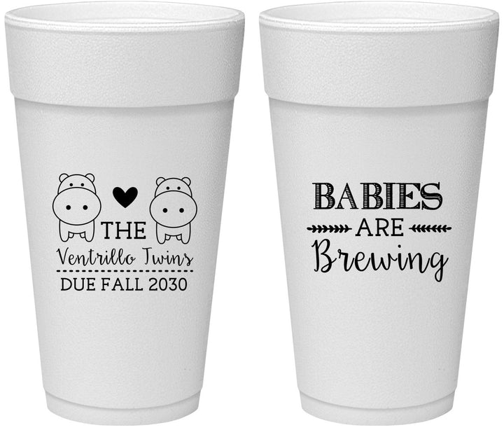 Personalized Baby Shower 24 oz Foam Cups - Twins Baby Hippos | 90069