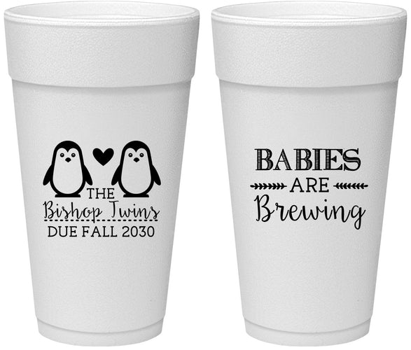 Personalized Baby Shower 24 oz Foam Cups - Twins Baby Penguins | 90070
