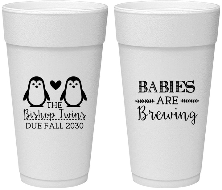 Personalized Baby Shower 24 oz Foam Cups - Twins Baby Penguins | 90070