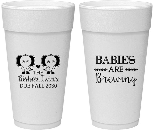 Personalized Baby Shower 24 oz Foam Cups - Twins Baby Elephant | 90071
