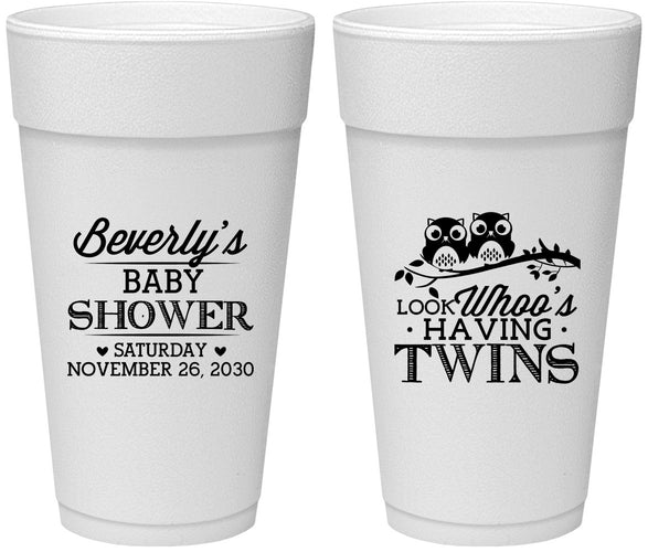 Personalized Baby Shower 24 oz Foam Cups - Twins Baby Owls | 90074