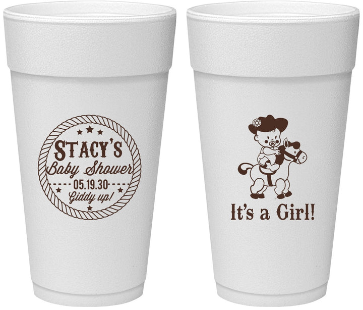 Personalized Baby Shower 24 oz Foam Cups - Horse It’s A Girl | 90077