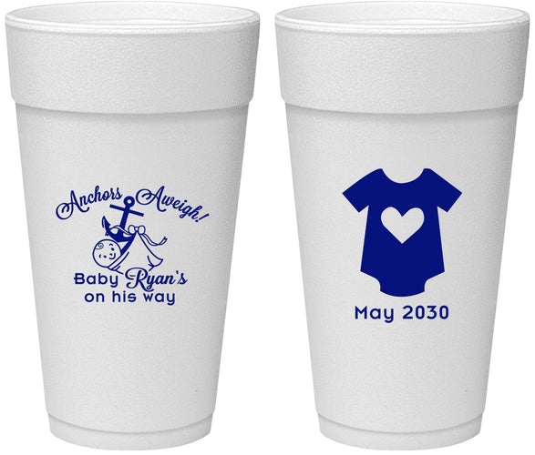 Personalized Baby Shower 24 oz Foam Cups - Nautical Anchors Aweigh | 90083