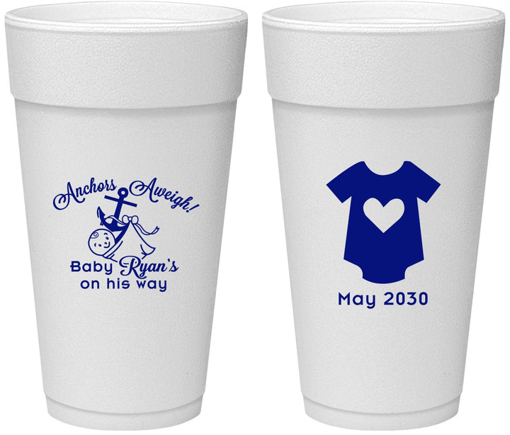 Personalized Baby Shower 24 oz Foam Cups - Nautical Anchors Aweigh | 90083