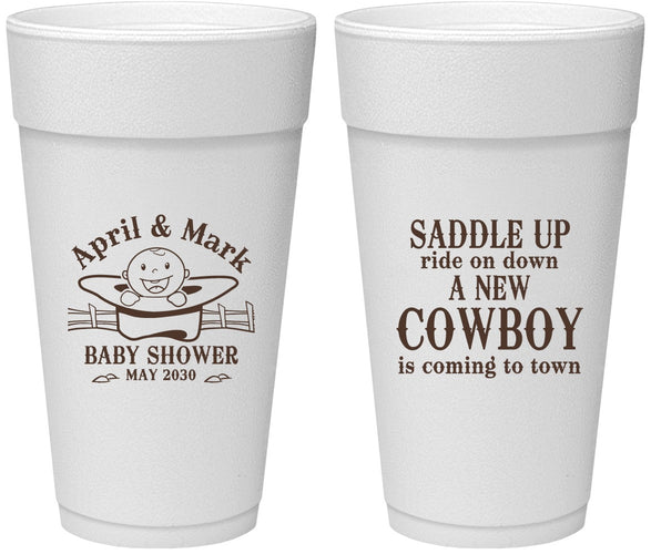 Personalized Baby Shower 24 oz Foam Cups - New Cowboy | 90104