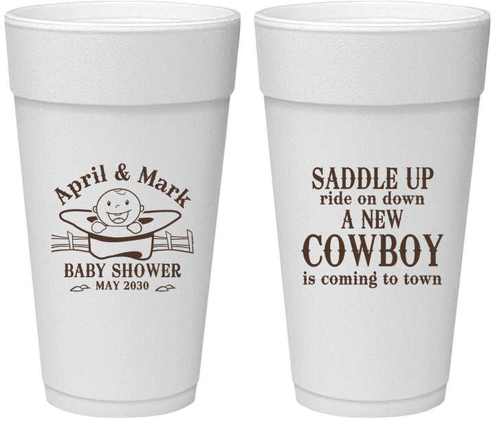 Personalized Baby Shower 24 oz Foam Cups - New Cowboy | 90104
