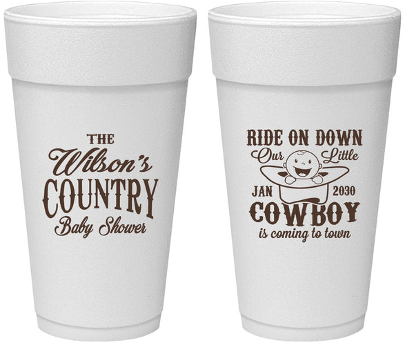 Personalized Baby Shower 24 oz Foam Cups - Cowboy Coming To Town | 90105