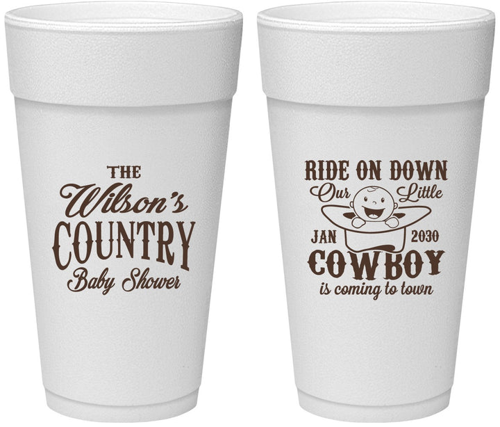 Personalized Baby Shower 24 oz Foam Cups - Cowboy Coming To Town | 90105