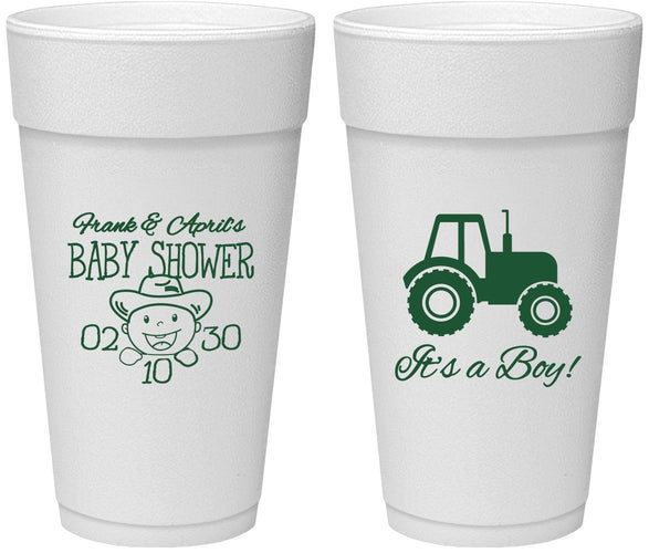 Personalized Baby Shower 24 oz Foam Cups - Tractor | 90109