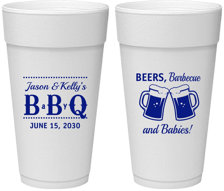 Personalized Baby Shower 24 oz Foam Cups - Beers Bbq Babies | 90111