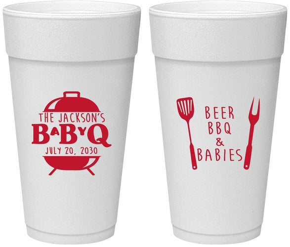 Personalized Baby Shower 24 oz Foam Cups - Beers Bbq Babies | 90112