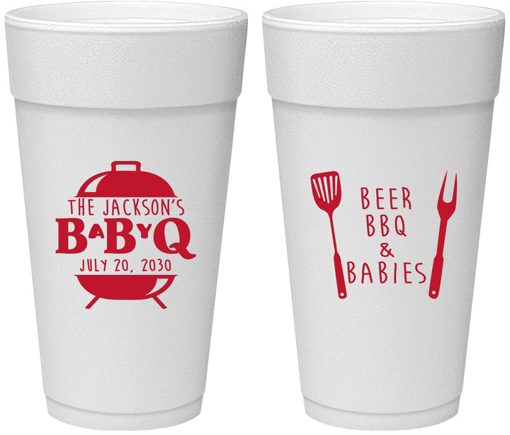 Personalized Baby Shower 24 oz Foam Cups - Beers Bbq Babies | 90112