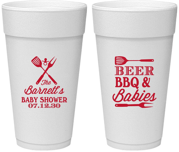 Personalized Baby Shower 24 oz Foam Cups - Beers Bbq Babies | 90113