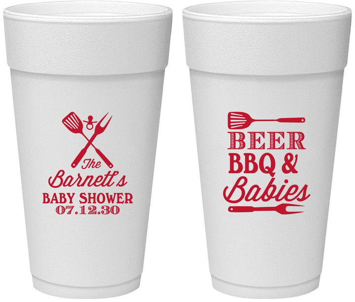 Personalized Baby Shower 24 oz Foam Cups - Beers Bbq Babies | 90113