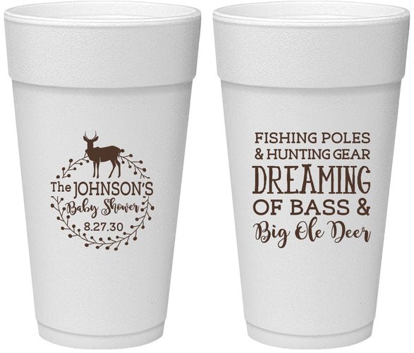 Personalized Baby Shower 24 oz Foam Cups - Fishing Hunting | 90119