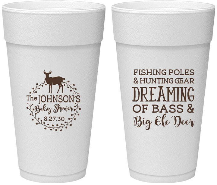 Personalized Baby Shower 24 oz Foam Cups - Fishing Hunting | 90119