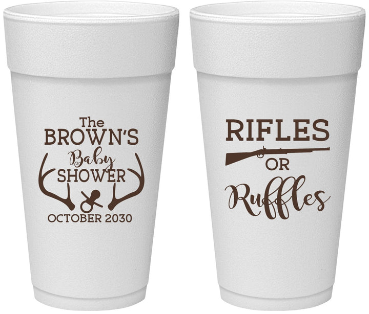 Personalized Baby Shower 24 oz Foam Cups - Rifles Or Ruffles | 90122