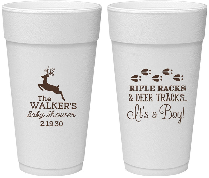 Personalized Baby Shower 24 oz Foam Cups - Rifle Racks Deer Tracks | 90128