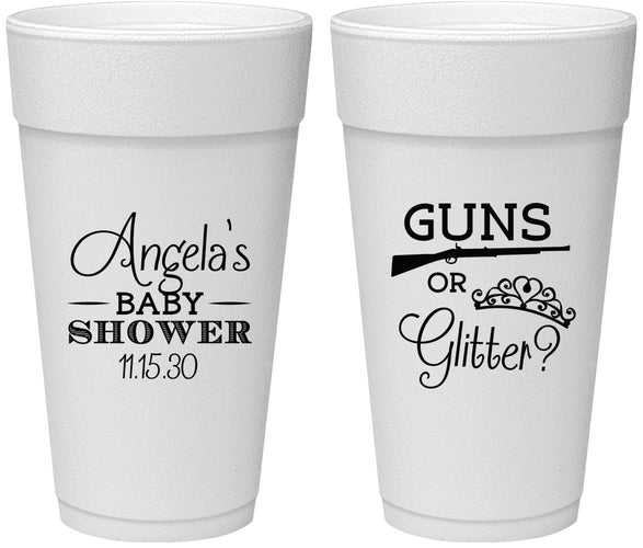 Personalized Baby Shower 24 oz Foam Cups - Guns Or Glitter | 90130