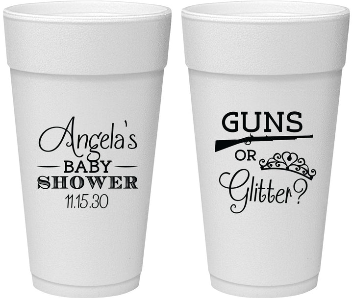 Personalized Baby Shower 24 oz Foam Cups - Guns Or Glitter | 90130