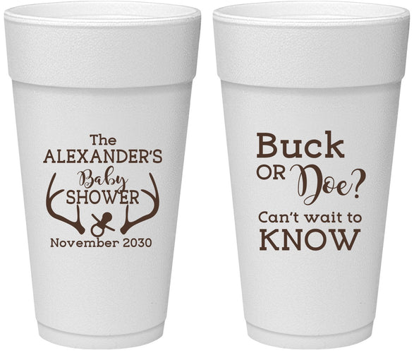 Personalized Baby Shower 24 oz Foam Cups - Gender Reveal Buck Or Doe | 90131