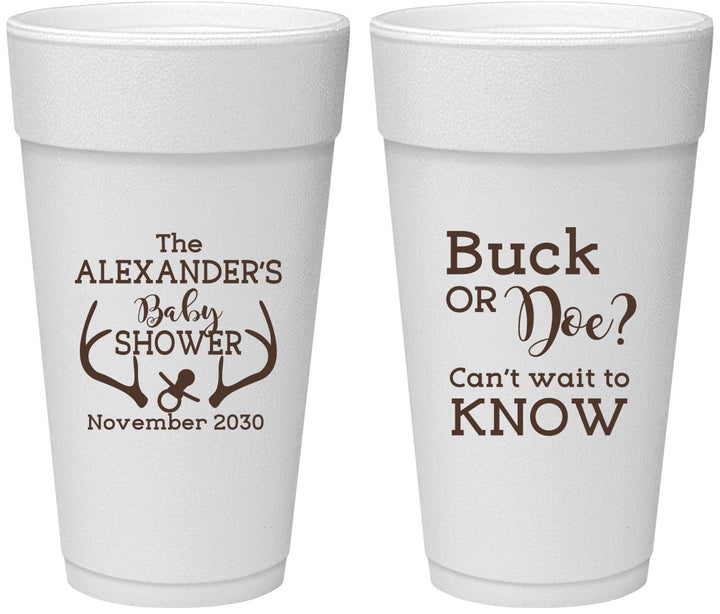 Personalized Baby Shower 24 oz Foam Cups - Gender Reveal Buck Or Doe | 90131