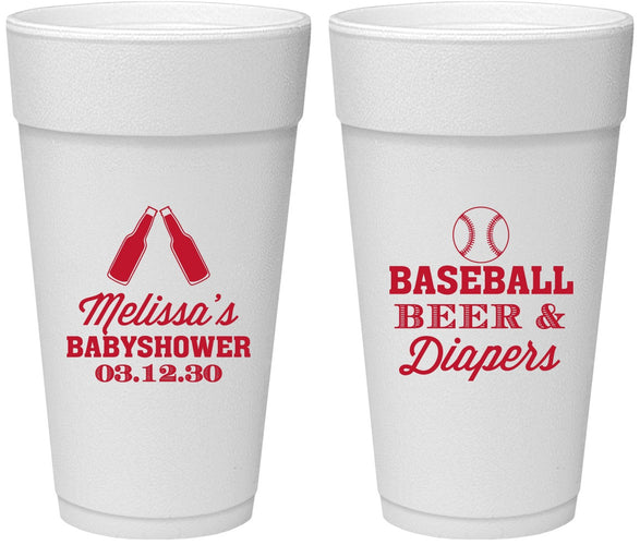 Personalized Baby Shower 24 oz Foam Cups - Baseball Beer Diapers | 90132