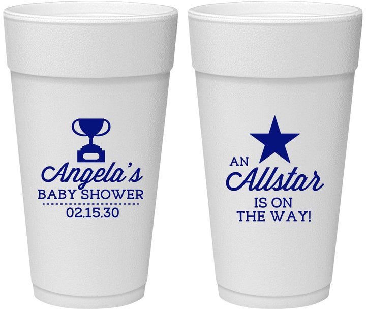 Personalized Baby Shower 24 oz Foam Cups - Allstar On The Way | 90140
