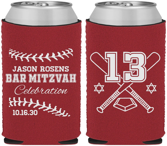 Custom Bar Mitzvah Neoprene Can Coolers - 13th Birthday Baseball | 110005