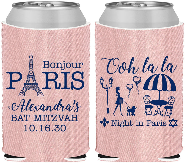 Custom Bat Mitzvah Neoprene Can Coolers - 12th Birthday Paris | 120004