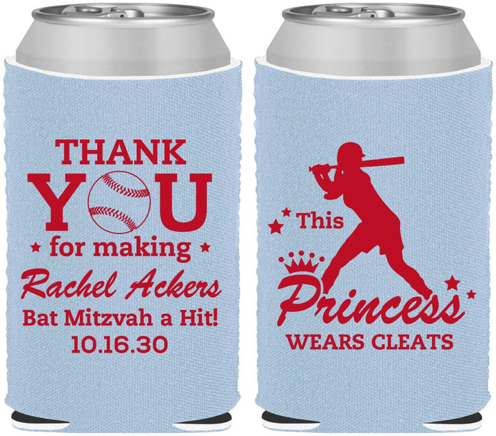 Custom Bat Mitzvah Neoprene Can Coolers - 12th Birthday Softball | 120011