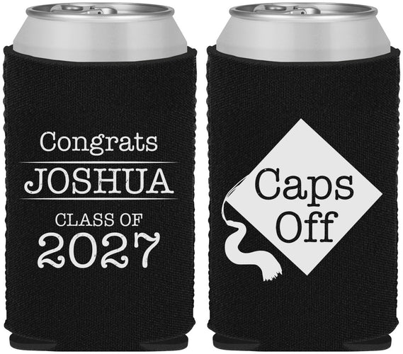 Custom Graduation Neoprene Can Coolers - Class Of 2027 Caps Off | 130045