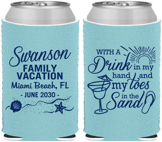 Custom Family Vacation Neoprene Can Coolers - Beach Toes In The Sand | 180000