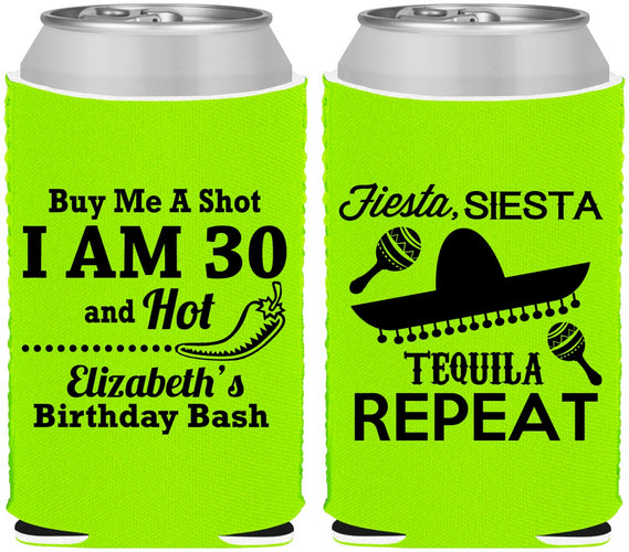 Custom Birthday Neoprene Can Coolers - 30th Fiesta Siesta Tequila | 20177