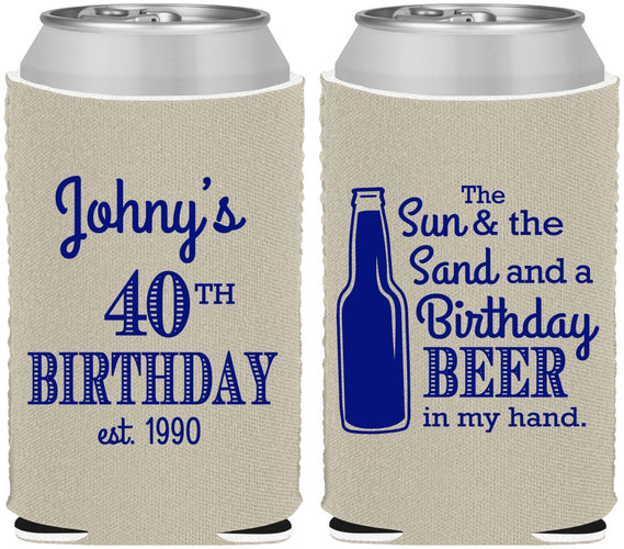 Custom Birthday Neoprene Can Coolers - 40th Sun Sand Beer | 20204