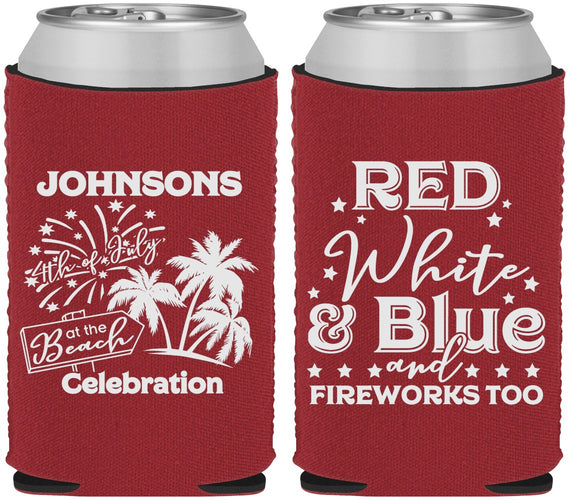Custom 4th Of July Neoprene Can Coolers - Beach Fireworks | 220022