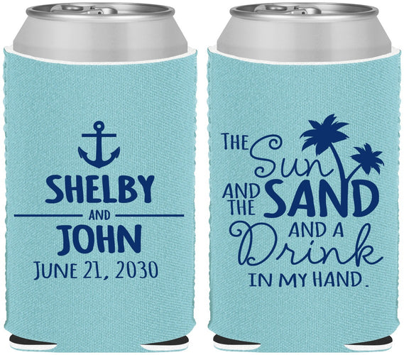 Custom Wedding Neoprene Can Coolers - Sun Sand Drink In My Hand | 233