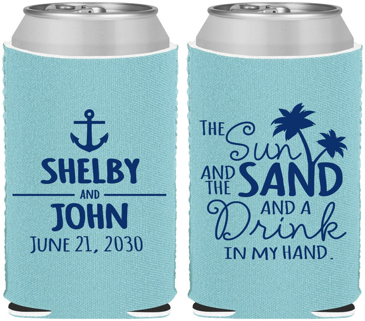 Custom Wedding Neoprene Can Coolers - Sun Sand Drink In My Hand | 233