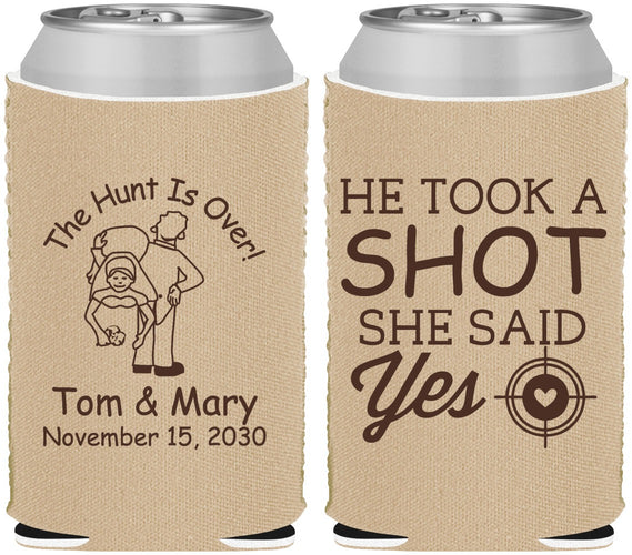 Custom Wedding Neoprene Can Coolers - He Took A Shot She Said Yes | 259