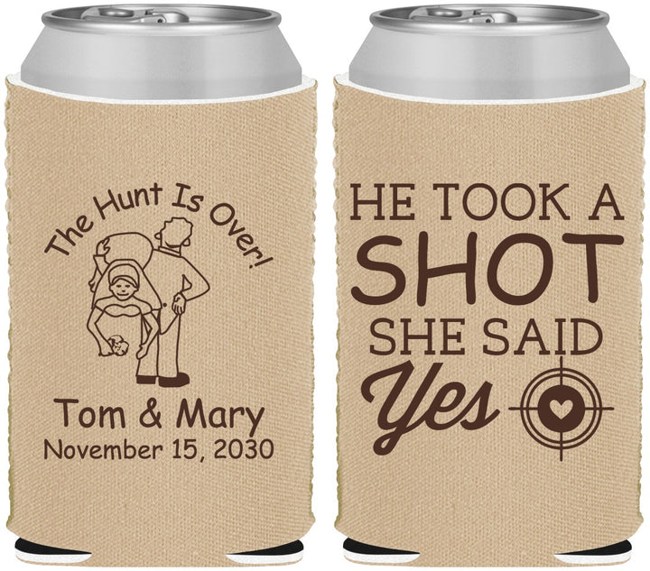 Custom Wedding Neoprene Can Coolers - He Took A Shot She Said Yes | 259